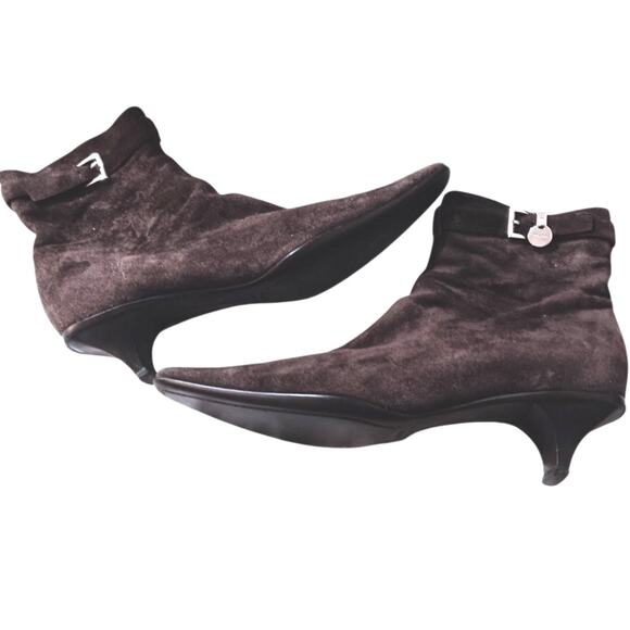 Y2K Vintage PRADA Kitten Heel Suede Boots 37 6.5 Square Toe Brown 2000's Buckle - Picture 11 of 14